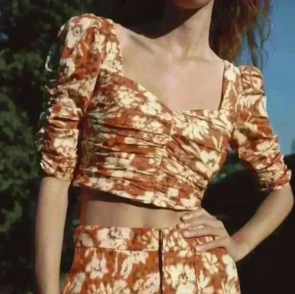 Zara Tops - ZARA |  Women's Orange/Cream Printed Drape Cotton Crop Top